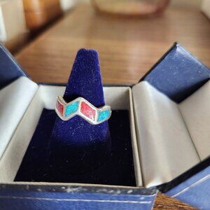 Vintage Navajo Sterling Silver Wave Ring With Turquoise & Coral Inlay Design Siz